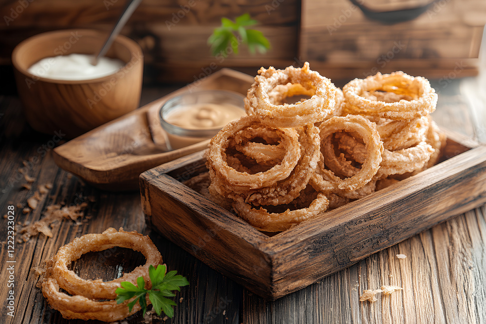 Golden, crispy fried onion rings served with a side of creamy mayonnaise, beautifully placed on a rustic wooden background for a perfect snack moment Golden, crispy fried onion rings served with a side of creamy mayonnaise, beautifully placed on a rustic wooden background for a perfect snack moment