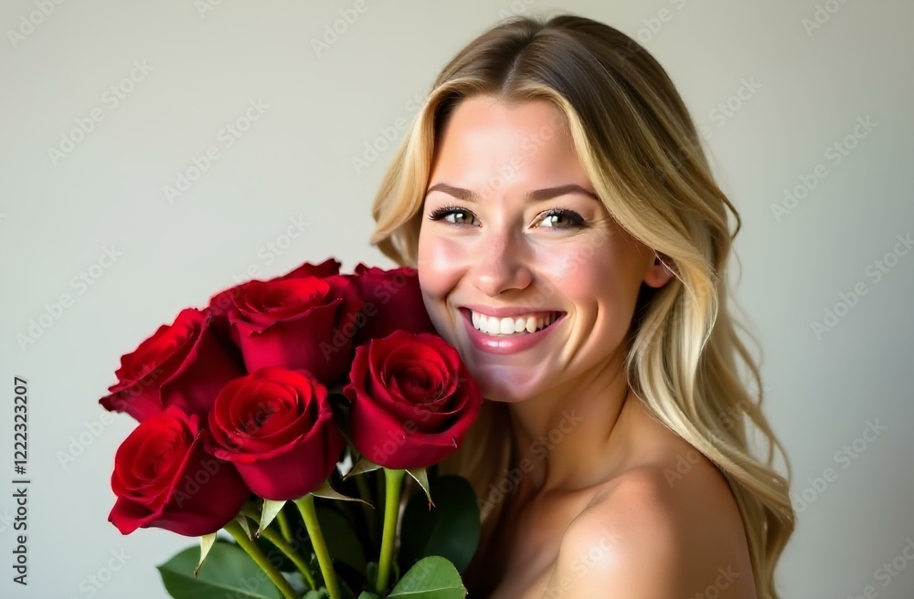 Portrait of happy joyful young blonde woman with big bouquet of red roses on light background Portrait of happy joyful young blonde woman with big bouquet of red roses on light background