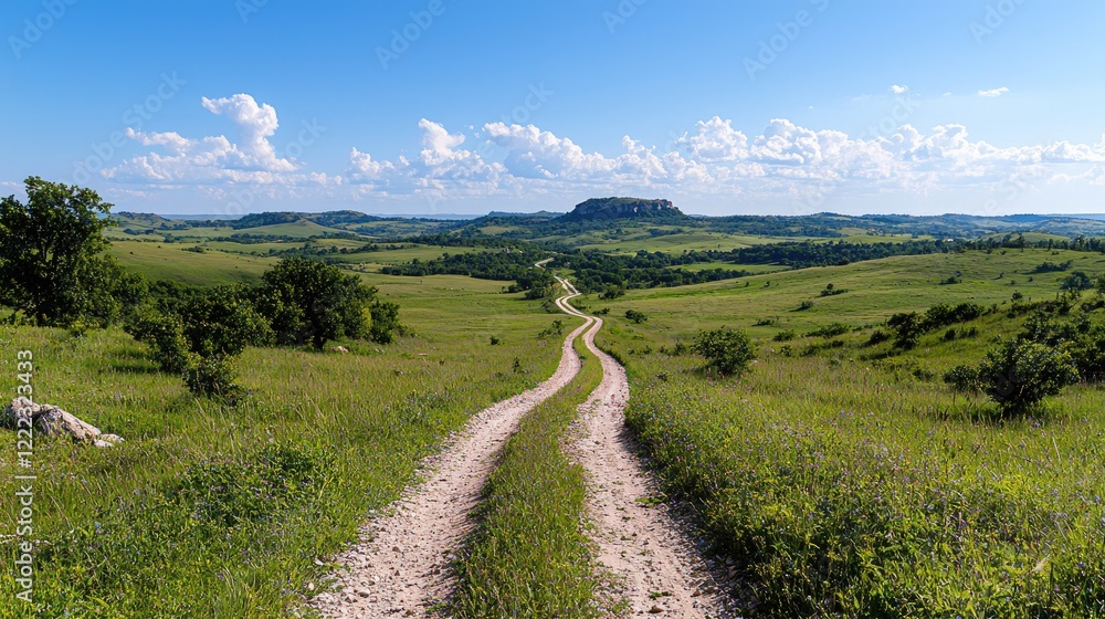 Fototapeta premium Winding dirt road leads to hilltop under blue sky, grassy landscape. Use Travel brochure, website background