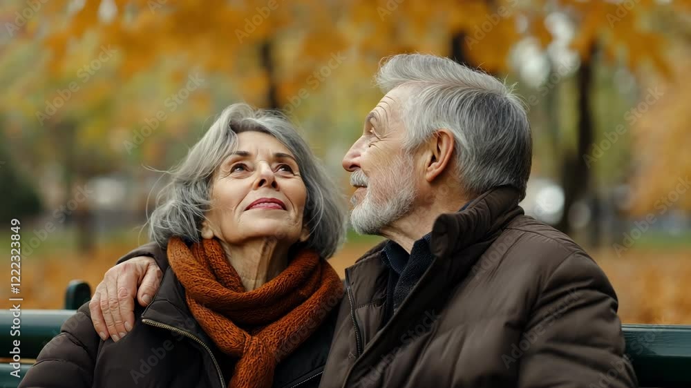 An elderly couple embraces while gazing up at the sky while seated on a bench in a park. An elderly couple embraces while gazing up at the sky while seated on a bench in a park.