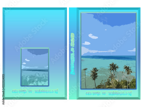 Summer Paradise with Palm and Coconut Trees - Notebook Cover - Tourism and Holiday Themed Illustration - Turquoise Colored Notebook - Illustration of Aceh Indonesia's Beach photo