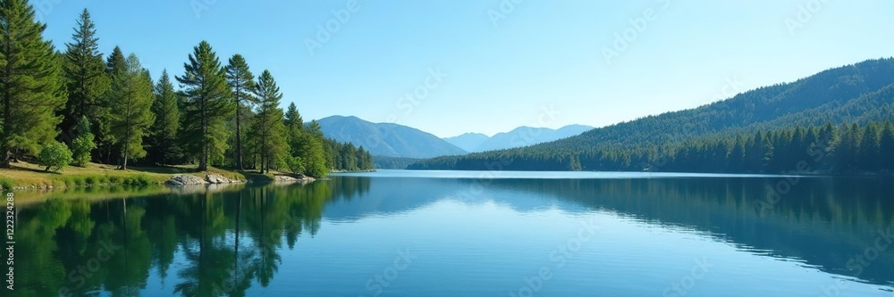 tranquil lake scene with tall green pines reflected in the clear blue sky above, blue sky, serene landscape tranquil lake scene with tall green pines reflected in the clear blue sky above, blue sky, serene landscape