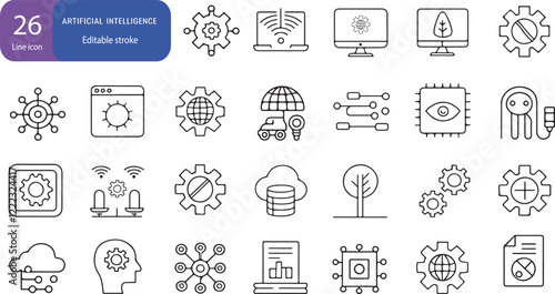 artificial intelligence outline icons including machine learning, neural networks, data science, automation, and robotics designs