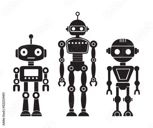 creative robot vector illustrations showcasing vintage and futuristic styles, ideal for artificial intelligence, automation, and sci-fi inspired designs