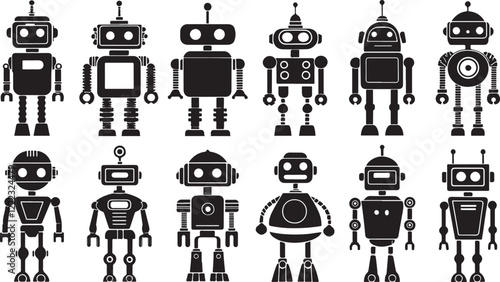 Set of 12 unique robot illustrations with vintage and modern designs, ideal for technology, AI, automation, robotics, and futuristic-themed projects