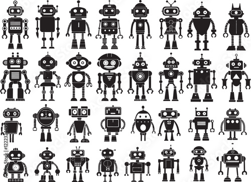 Collection of  robot illustrations featuring retro and modern styles, perfect for robotics, AI concepts, futuristic designs, and technology-themed projects