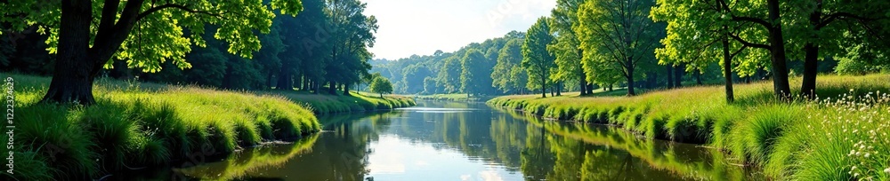 Riverbank is lined with tall trees and wildflowers, landscape, trees, nature Riverbank is lined with tall trees and wildflowers, landscape, trees, nature