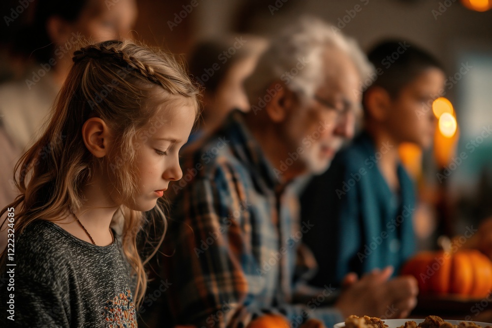 Fototapeta premium Family members express gratitude and reflection before a Thanksgiving meal, showcasing togetherness and warmth in a cozy setting with soft lighting and comfortable attire