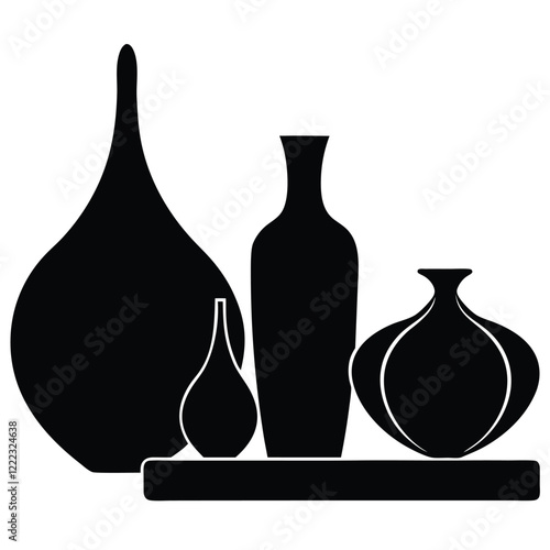 A vector silhouette of a modern home décor setup featuring clay-based sculptures 