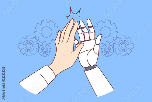 Collaboration man and AI robot making high-five gesture after successfully completed task. Hands of business manager and humanoid helping to develop production thanks to AI or artificial intelligence