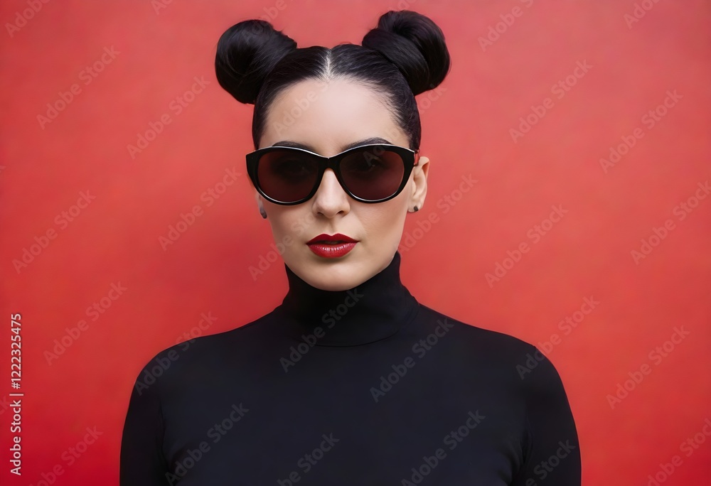 A female figure with black hair styled in a bun, wearing black sunglasses and a high-neck black outfit. She has distinctive horn-like features protruding from her head. The background is a vibrant red A female figure with black hair styled in a bun, wearing black sunglasses and a high-neck black outfit. She has distinctive horn-like features protruding from her head. The background is a vibrant red