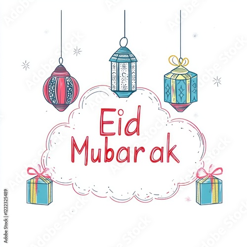 Eid Mubarak greeting with lanterns and gifts photo