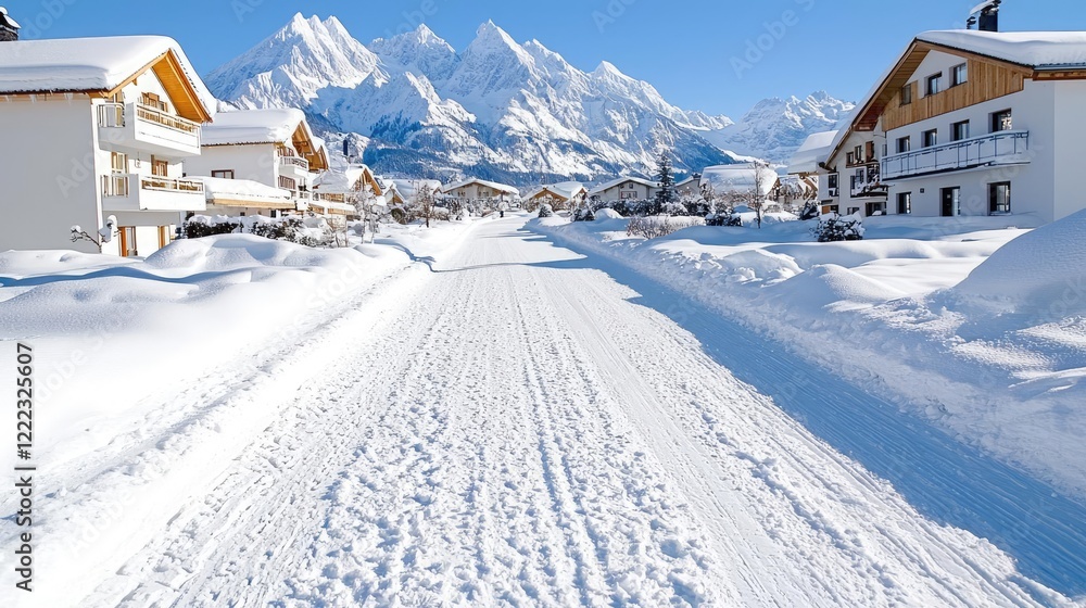 Fototapeta premium Snowy village street, Alps mountain view, winter vacation