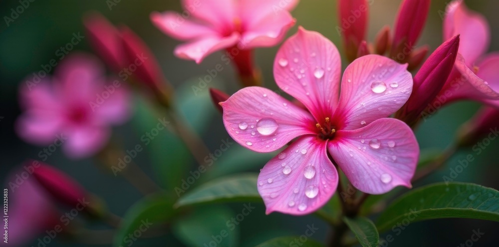 Pink oleander flowers with dew drops on the petals, droplets, bloom Pink oleander flowers with dew drops on the petals, droplets, bloom