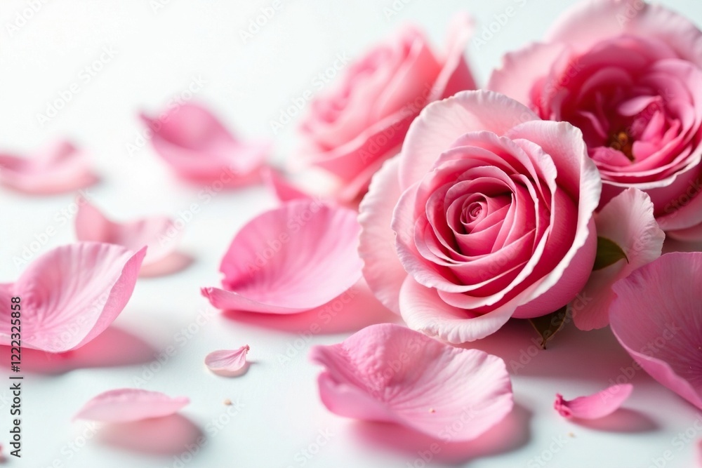 Fototapeta premium Delicate rose petals scattered on a crisp white background, white background, botanical art, soft focus