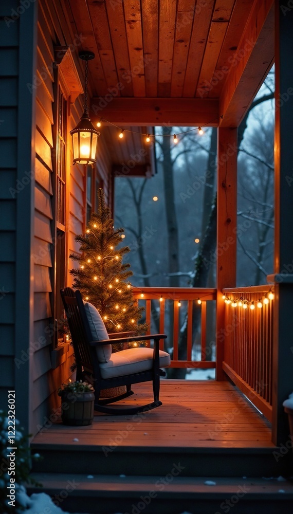 Cozy porch with Christmas lights and warm-toned wooden railings, cozy porch, snug, warm glow Cozy porch with Christmas lights and warm-toned wooden railings, cozy porch, snug, warm glow