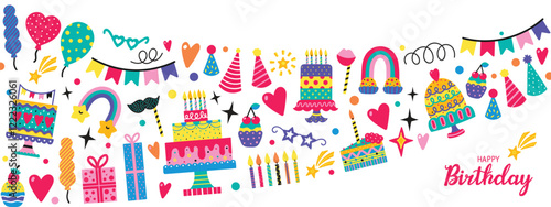 Happy Birthday banner. ЗPrty decoration, gift box, cake, party. Hand drawn elements. Vector illustration. Wave.