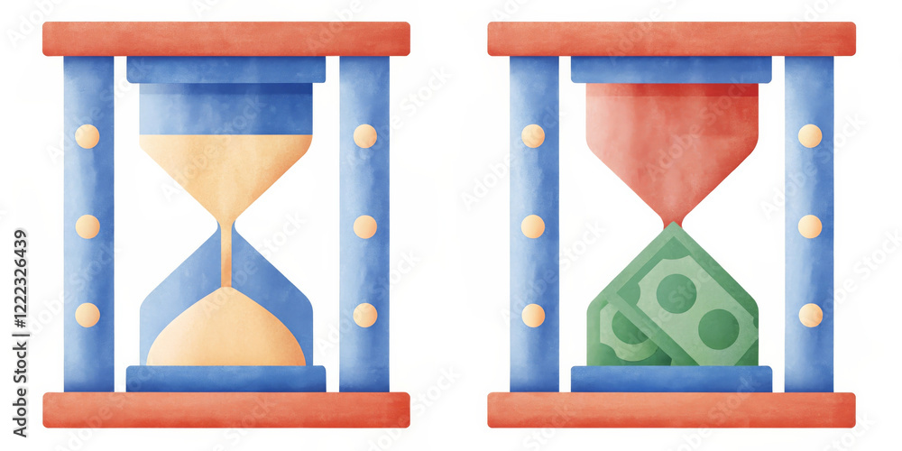 Fototapeta premium Hourglass symbolizing time and money management in colorful design Finance and Investment Icon Set, Blue and Red Theme