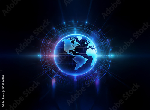 A glowing digital globe, encircled by a futuristic interface, set against a dark background.  The image suggests global connectivity and technological advancement.