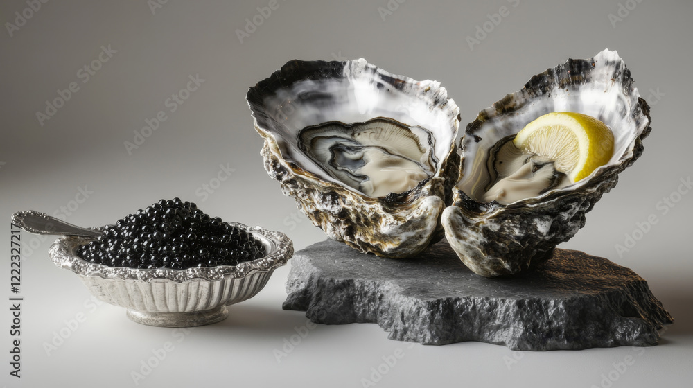 Fresh Oysters and Black Caviar on Ice with Lemon Slice Fresh Oysters and Black Caviar on Ice with Lemon Slice