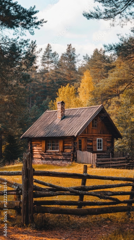 Charming Rustic Wooden Cabin in Forested Countryside with Wooden Fence on a Sunny Day, Generative AI Charming Rustic Wooden Cabin in Forested Countryside with Wooden Fence on a Sunny Day, Generative AI