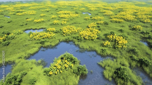 Aerial View of Sunflowers Blooming in a Lush Wetland