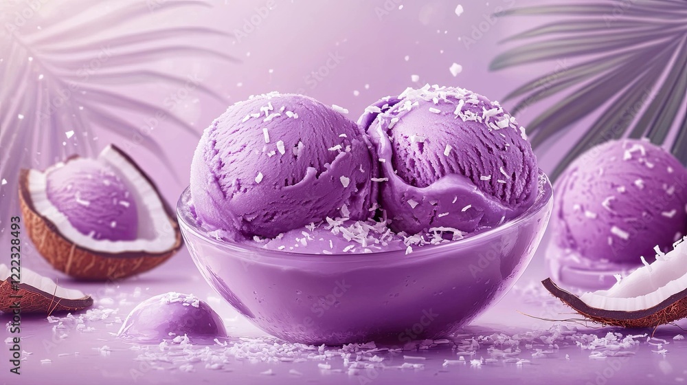 Bright Ube Ice Cream with Condensed Milk and Coconut Flakes, food-related advertising vector Bright Ube Ice Cream with Condensed Milk and Coconut Flakes, food-related advertising vector