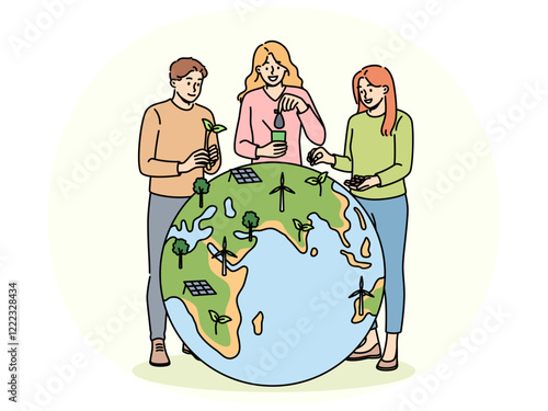 Human volunteers stand near globe and place trees and wind or solar generators on planet to combat CO2. Eco activists and volunteers take care of nature and save environment from harmful CO2 emissions