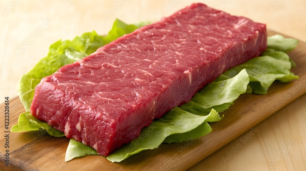 Raw Beef Steak on Wooden Board with Lettuce Raw Beef Steak on Wooden Board with Lettuce