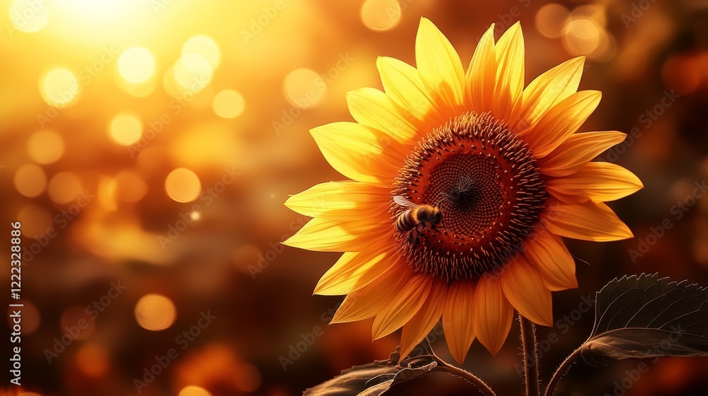 Fototapeta premium Golden sunflower and bee in warm sunset glow