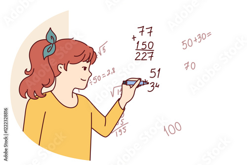 Teenager girl writes complex mathematical formulas on blackboard solving problems from higher mathematics or algebra. Little child prodigy schoolgirl participates in math olympiad.