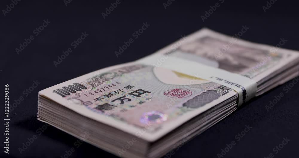 A bundle of bills by Japanese old banknotes tracking shot A bundle of bills by Japanese old banknotes tracking shot