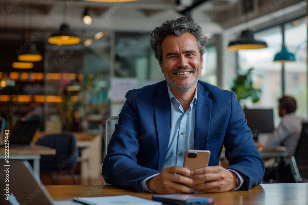 Head of branch sitting in modern office with phone. Head of branch sitting in modern office with phone.