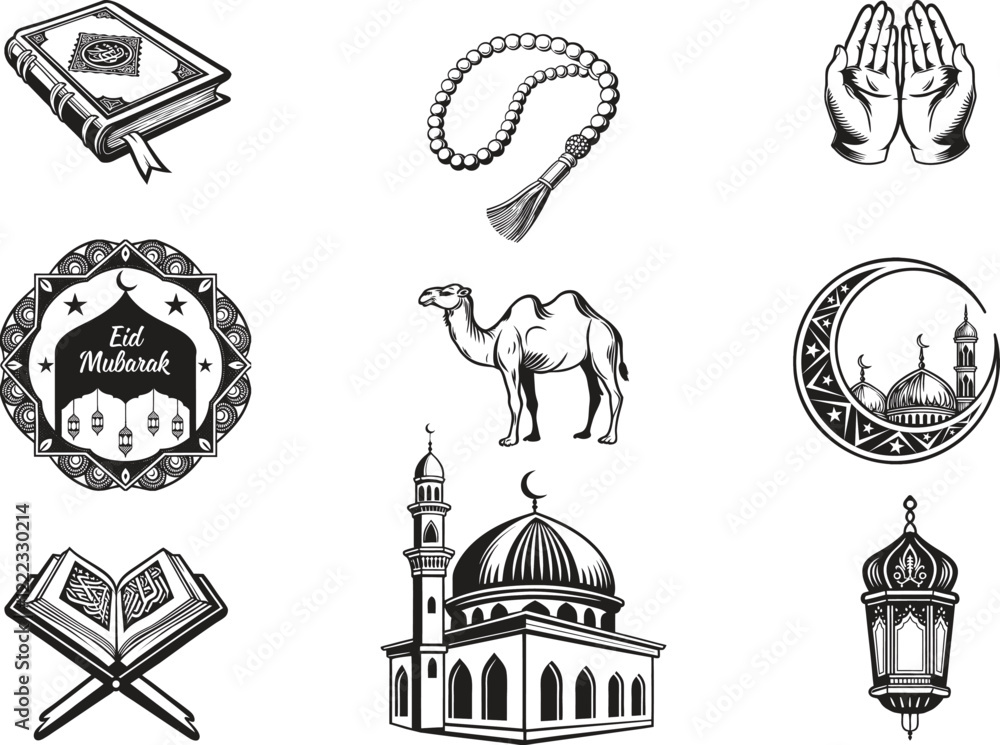 Fototapeta premium Islamic Icon Set for Ramadan and Eid Vector Silhouette