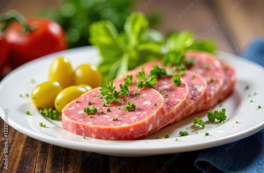 Sliced cold cuts arranged on a plate, garnished with fresh herbs and accompanied by olives and cherry tomatoes, ideal for Easter gatherings Sliced cold cuts arranged on a plate, garnished with fresh herbs and accompanied by olives and cherry tomatoes, ideal for Easter gatherings