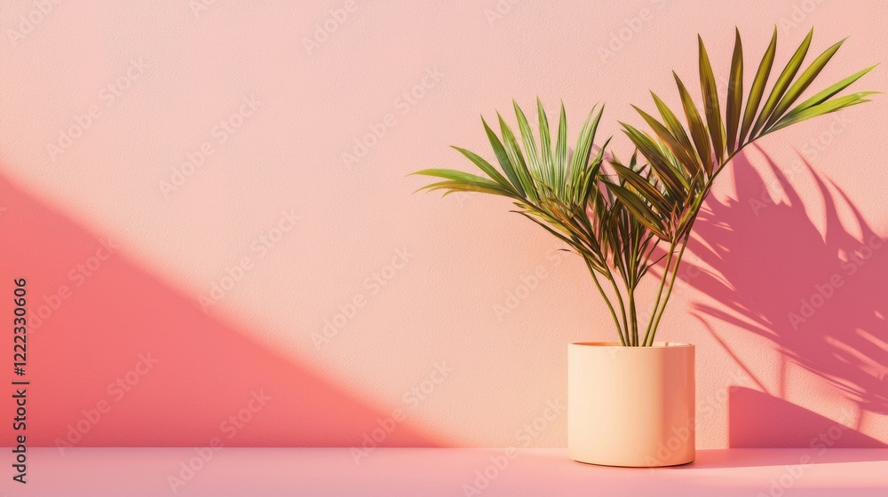 Pink vase with tropical palm leaves casting soft shadows Pink vase with tropical palm leaves casting soft shadows