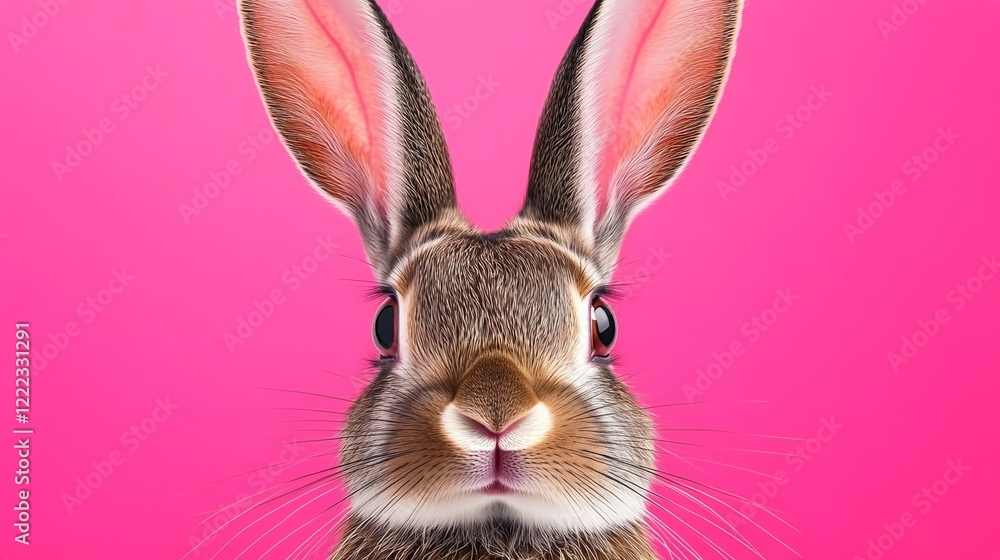 Obraz premium Rabbit with pink background. The rabbit is looking at the camera. The rabbit has a pink nose