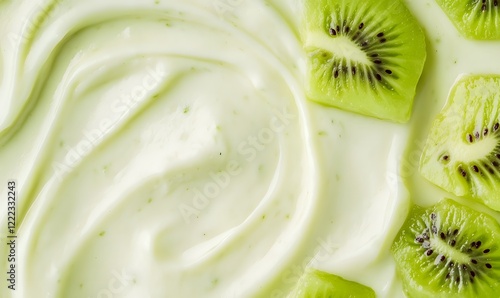 A close-up of the creamy texture and rich color of Kiwi flavoured Greek yogurt, Generative AI