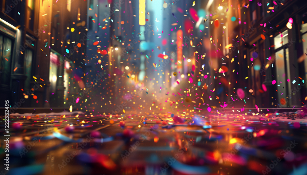 Vivid background with falling confetti and bokeh light glitter on colorful night city street. Celebration, holidays and party concept Vivid background with falling confetti and bokeh light glitter on colorful night city street. Celebration, holidays and party concept