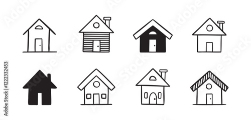 House doodle hand drawn icon set. Outline drawing cute simple homes line clipart symbol collection