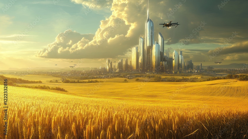 Futuristic Cityscape and Golden Fields: A Drone's Eye View