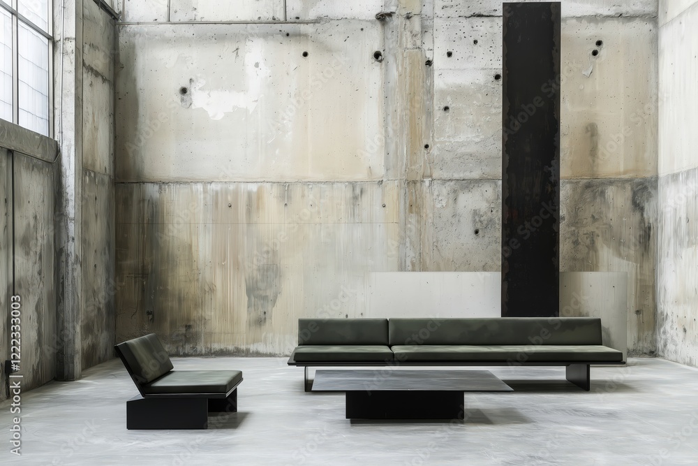 Generative AI, Modern Industrial Minimalist Living Room with Olive Green and Black Accents Generative AI, Modern Industrial Minimalist Living Room with Olive Green and Black Accents