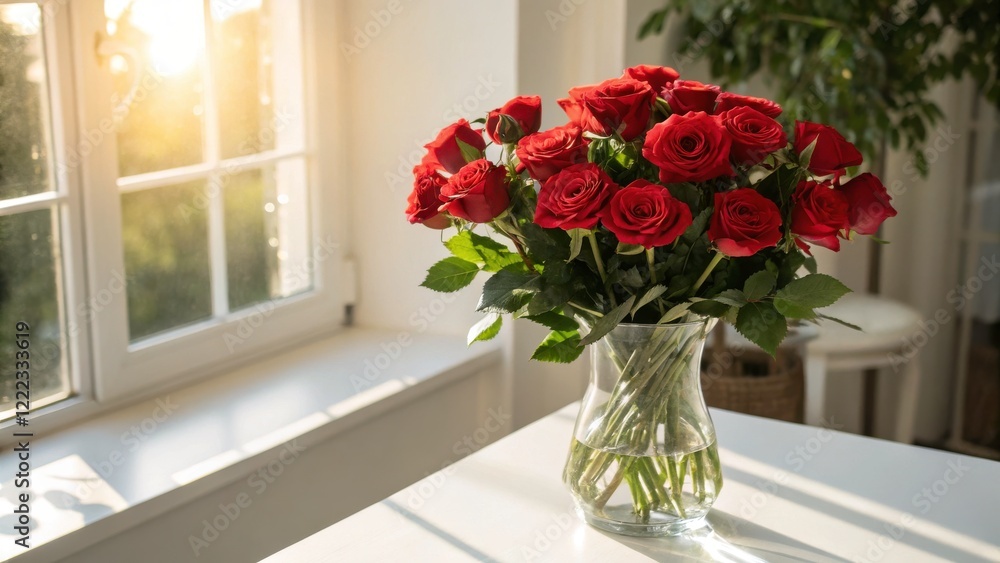 Stunning Red Roses in a Vase by a Sunny Window Stunning Red Roses in a Vase by a Sunny Window