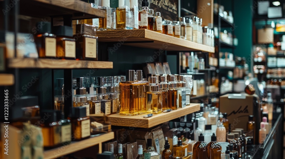 Shelves with artisan glass jars and bottles in a rustic market Shelves with artisan glass jars and bottles in a rustic market