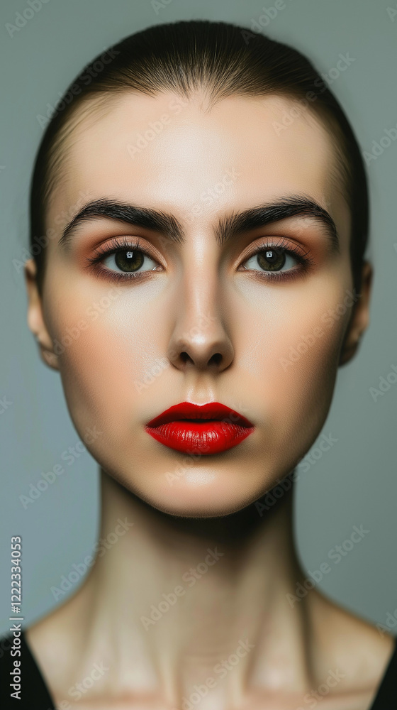 Caucasian model posing with red lipstick and elegant makeup Caucasian model posing with red lipstick and elegant makeup