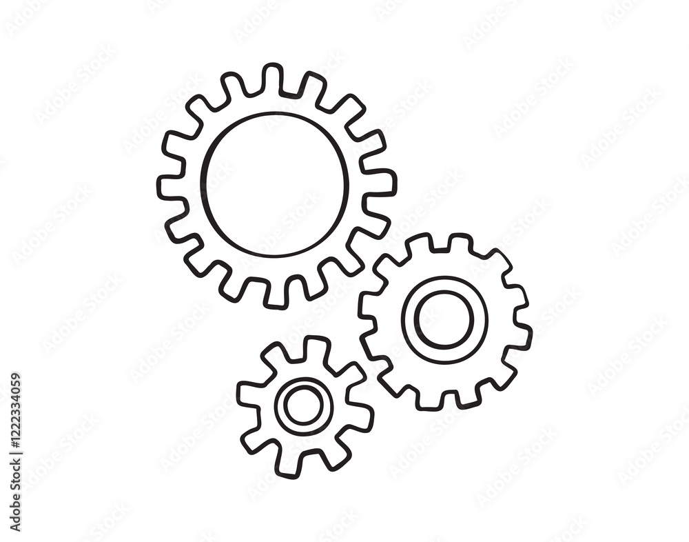 Fototapeta premium cogs and gears doodle hand drawn icon. Outline drawing settings three cogs and gears line clipart symbol
