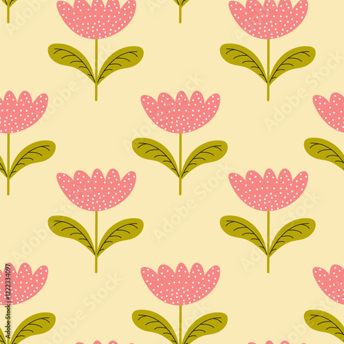 A Charming Floral Pattern Featuring Beautiful Pink Flowers on a Cream Background. Spring seamless pattern, vector, flat