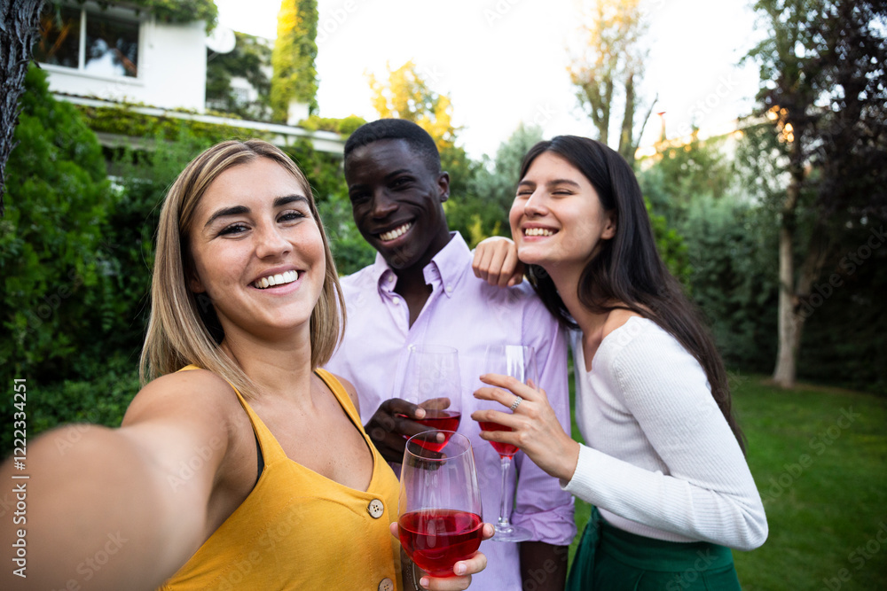 Friends having fun at a summer dinner in the garden, taking selfies Friends having fun at a summer dinner in the garden, taking selfies