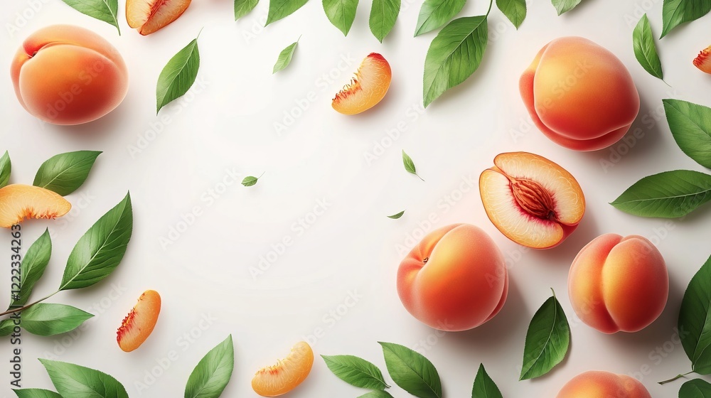 Fresh Ripe Peaches Nestled Among Lush Green Leaves on Bright White Background Showcasing Their Juicy Texture and Vibrant Color Evoking a Sense of Summer Freshness and Natural Delight Fresh Ripe Peaches Nestled Among Lush Green Leaves on Bright White Background Showcasing Their Juicy Texture and Vibrant Color Evoking a Sense of Summer Freshness and Natural Delight