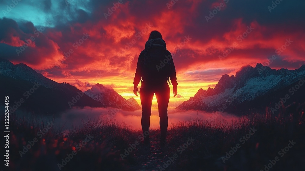 Obraz premium Sunset Silhouette: A Hiker's Journey Through Majestic Mountains